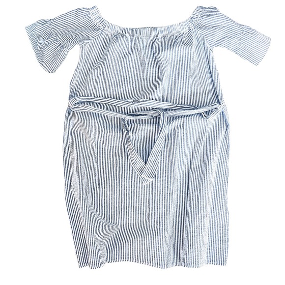 Pink Lemonade Seersucker Off Shoulder Dress Blue White Striped Belted Small - Picture 1 of 7
